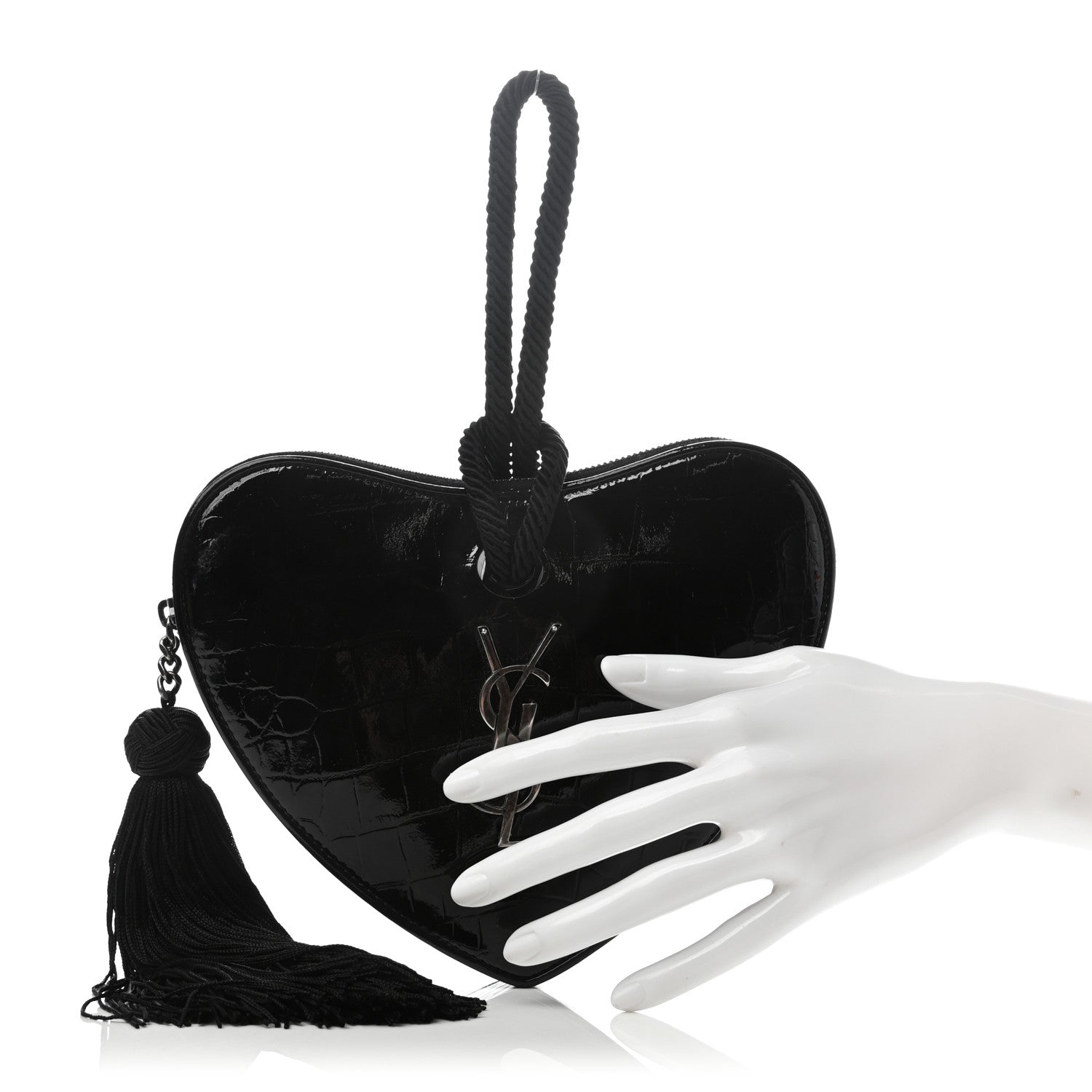 Saint Laurent Patent Crocodile Embossed Sac Coeur Heart Shaped Clutch Black 2 of 7