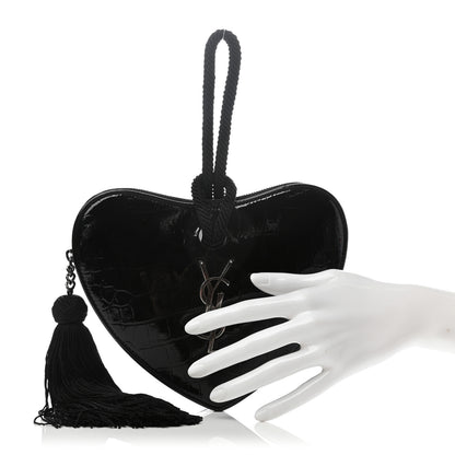 Saint Laurent Patent Crocodile Embossed Sac Coeur Heart Shaped Clutch Black 2 of 7