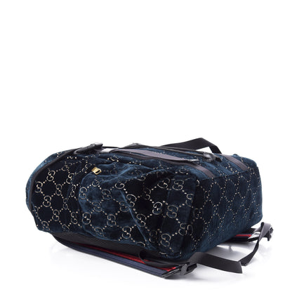 Gucci Velvet GG Monogram Web Medium Double Buckle Backpack Blue Beige Black 3 of 9