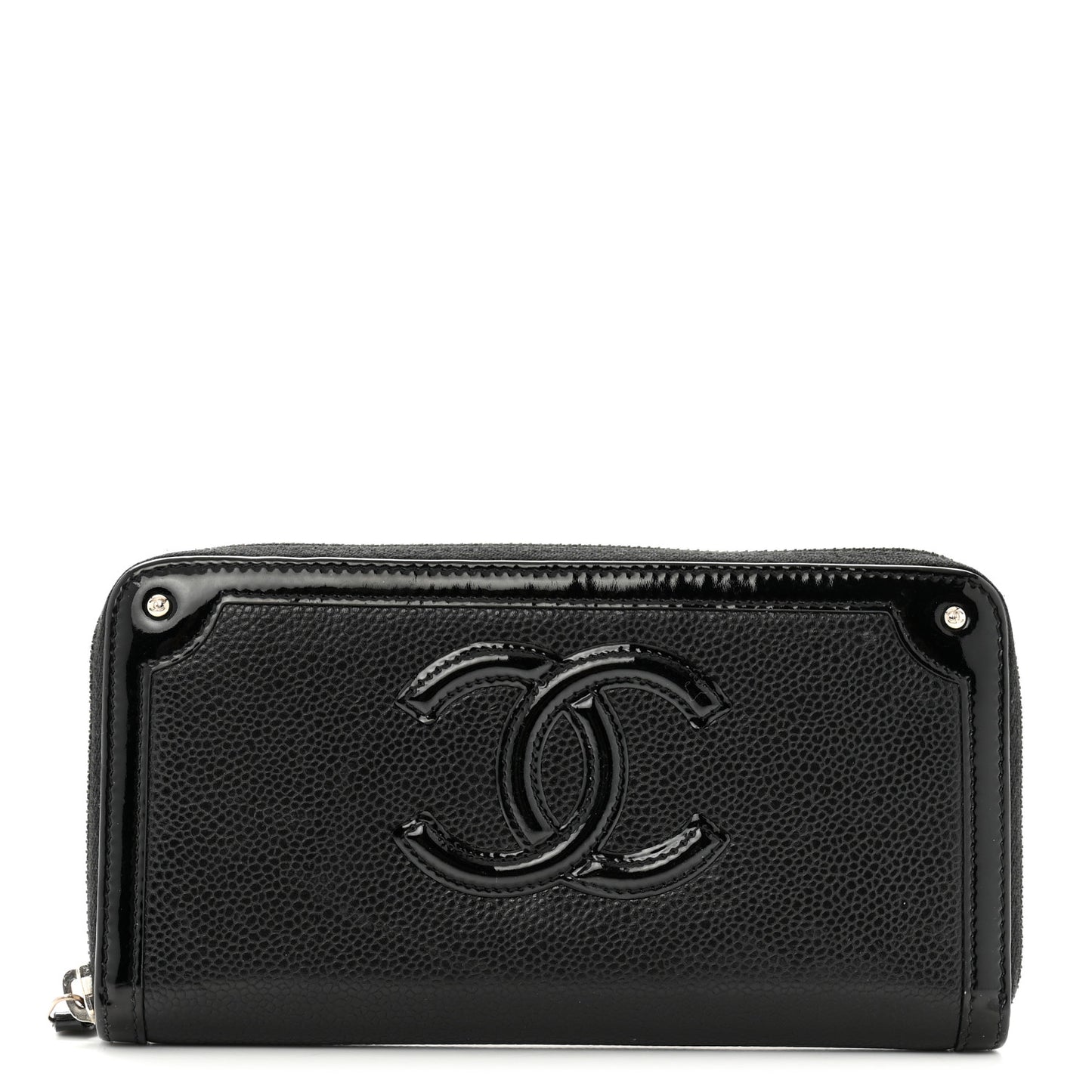 Caviar Patent Small CC Contour Zip Around Wallet Black