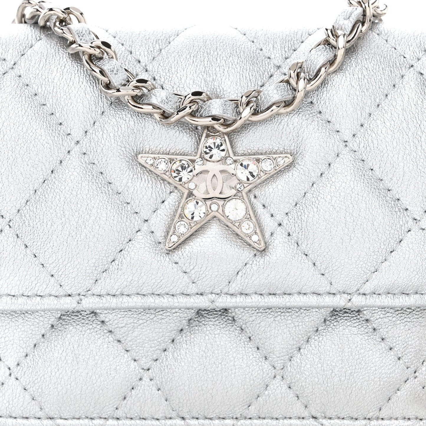 Metallic Lambskin Crystal Quilted Star Chain Belt Bag Silver