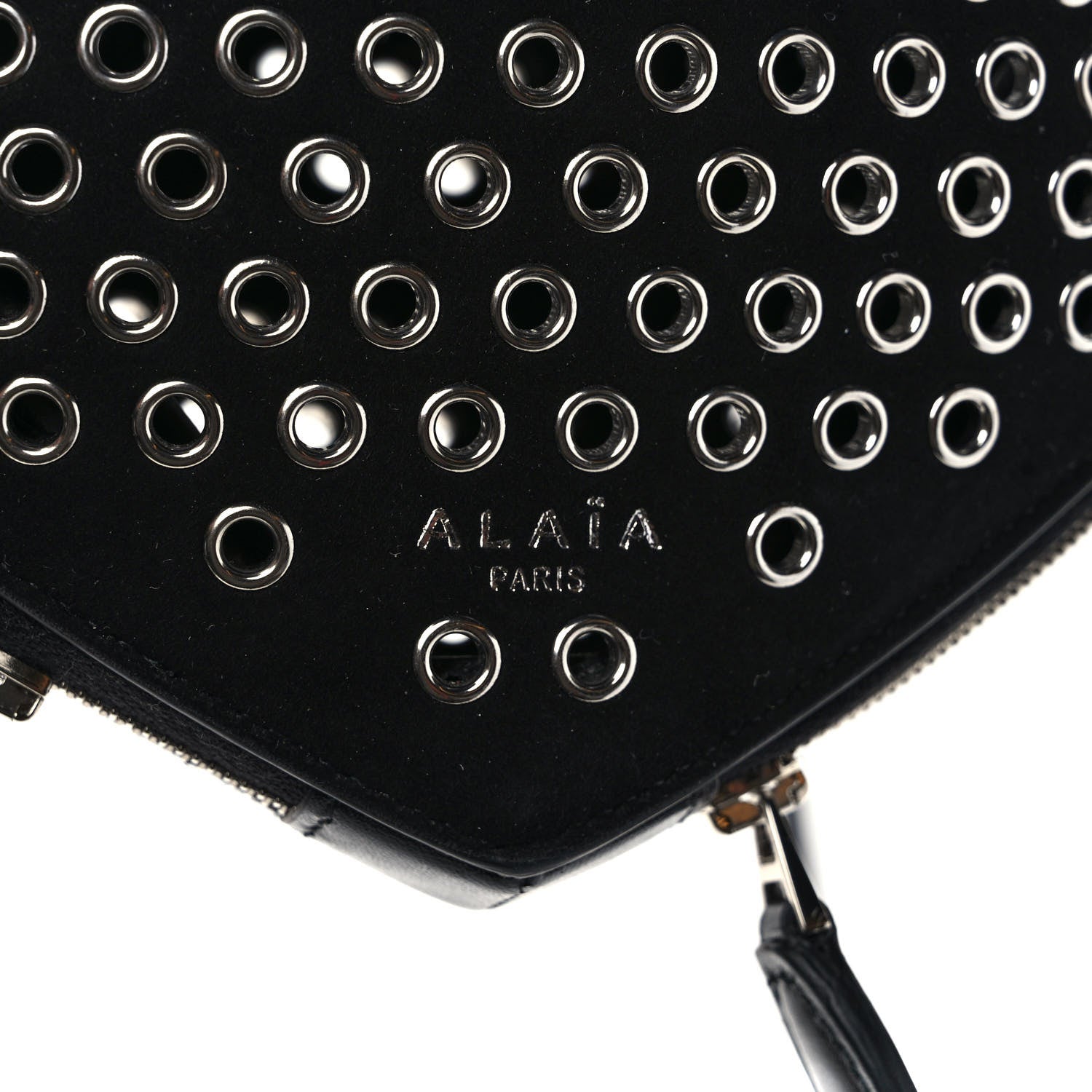 Alaia Suede Goatskin Grommet Studded Heart Shoulder Bag Black 6 of 9