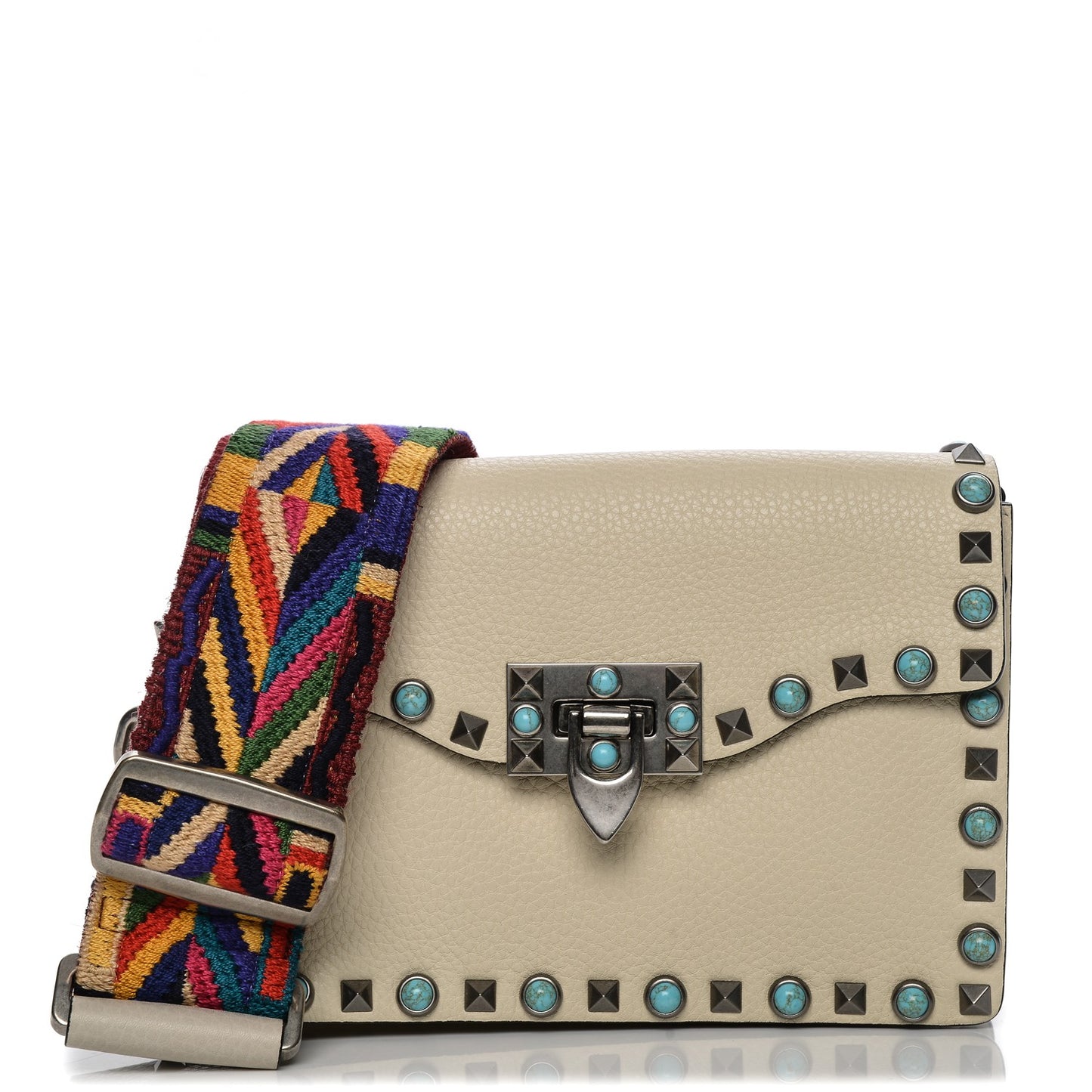 Grained Calfskin Small Guitar Strap Rockstud Rolling Shoulder Flap Bag Light Ivory