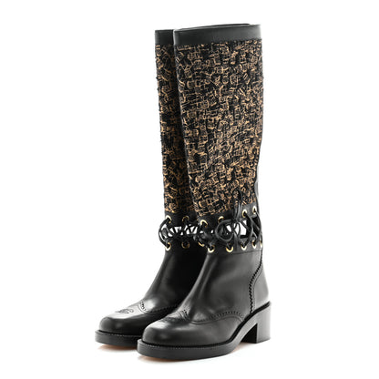 Chanel Tweed Calfskin Lace Up Knee Boots 38 Black 3 of 8