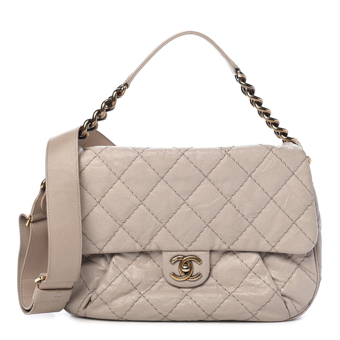 Crumpled Grained Calfskin Medium Coco Pleats Messenger Flap Light Beige