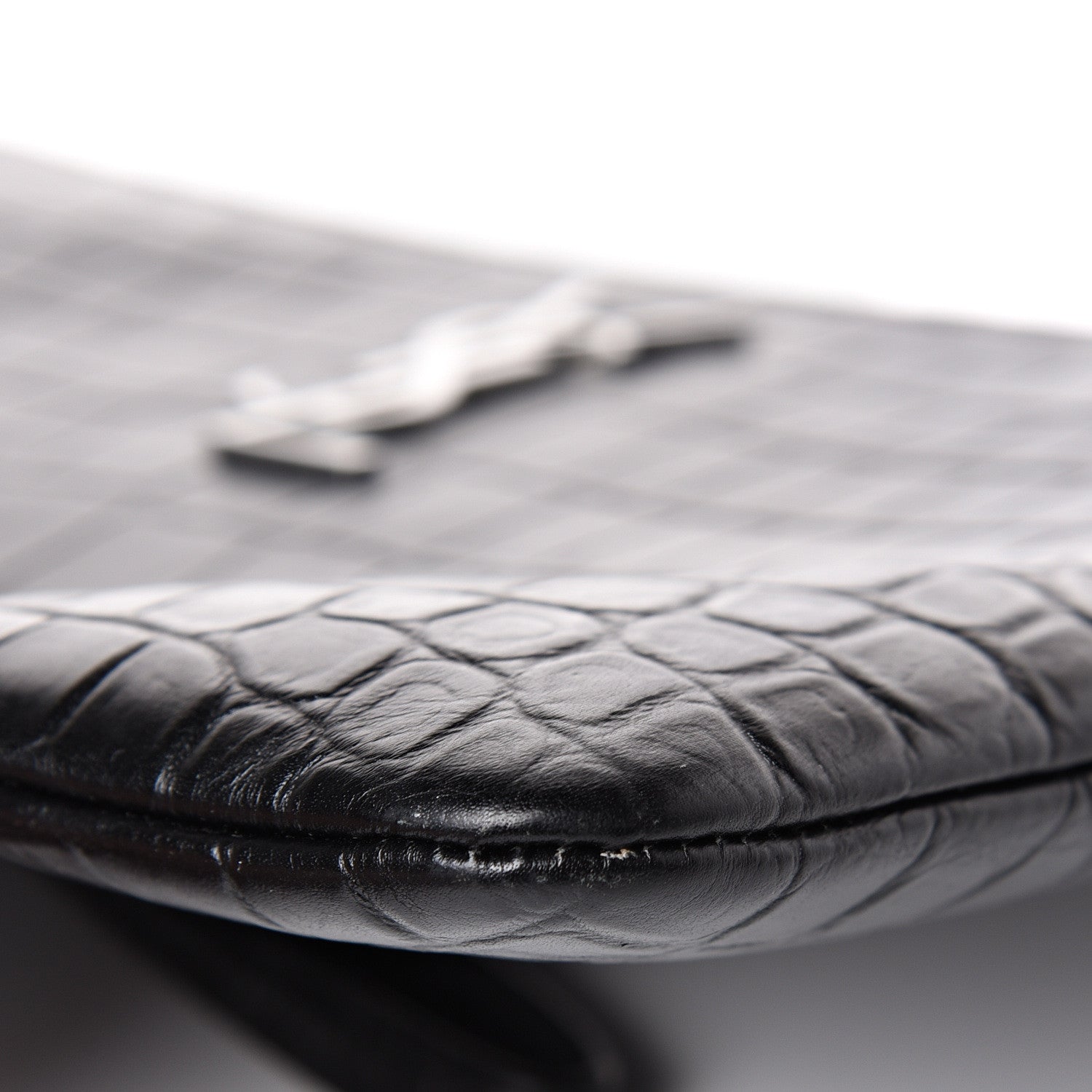 Saint Laurent Calfskin Crocodile Embossed Monogram Zip Pouch Black 7 of 9