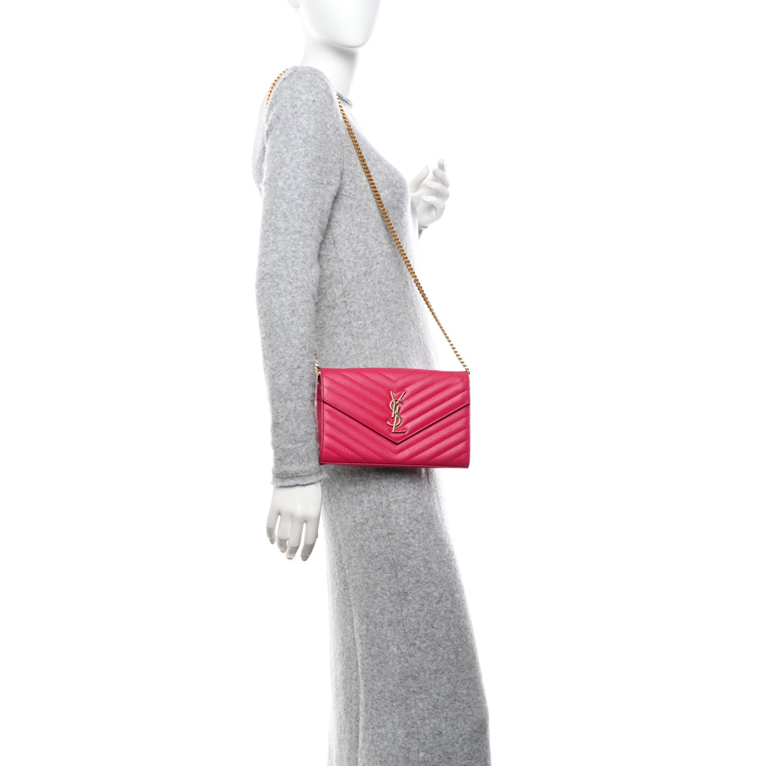 Saint Laurent Grain De Poudre Matelasse Chevron Monogram Chain Wallet Lipstick Fuchsia 2 of 11