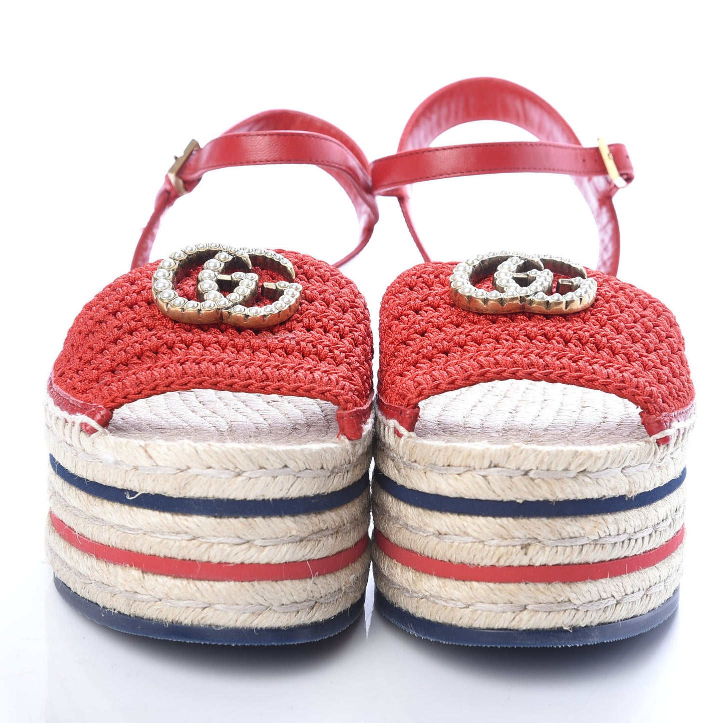 Cotton Malaga Kid Crochet Pearly GG Lilibeth Espadrille Platform Sandals 36.5 Hibiscus Red