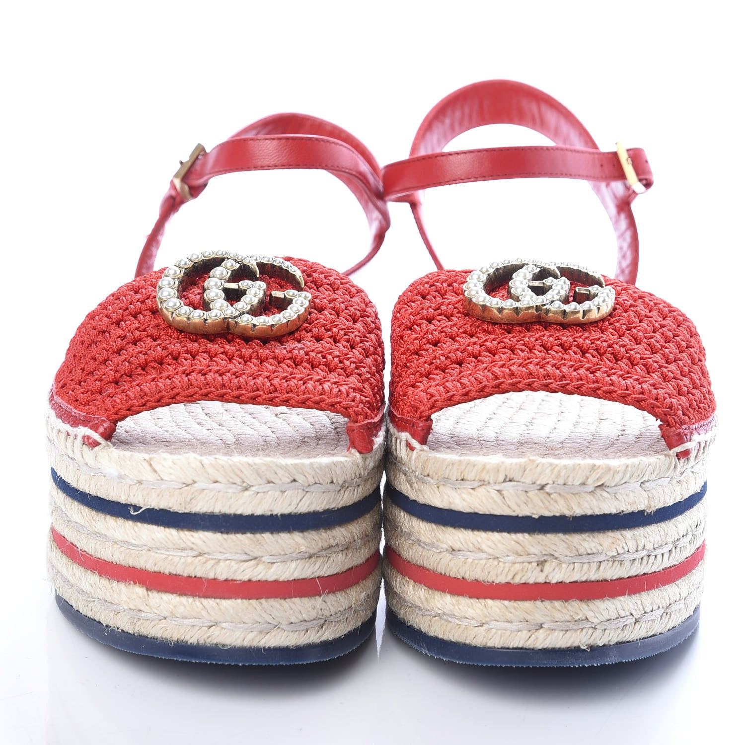 Gucci Cotton Malaga Kid Crochet Pearly GG Lilibeth Espadrille Platform Sandals 36.5 Hibiscus Red 2 of 10