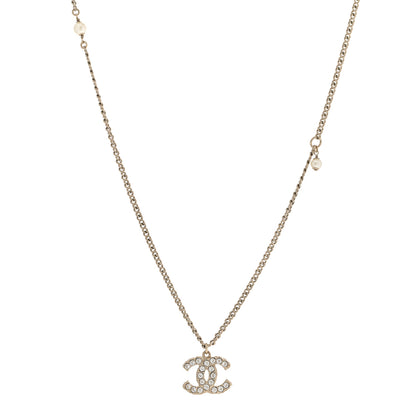 Chanel Metal Pearl Crystal CC Textured Pendant Necklace Gold 1 of 7
