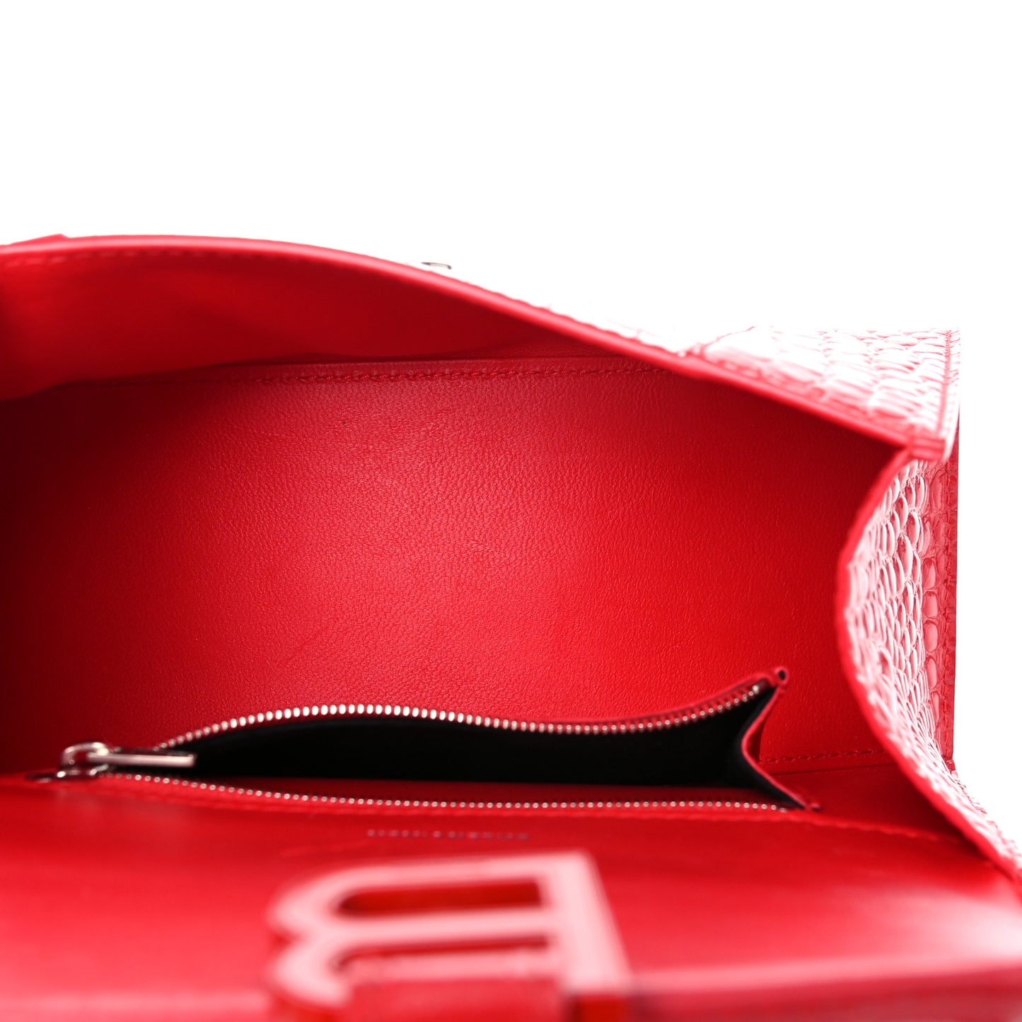 Shiny Calfskin Tonal B Crocodile Embossed Small Hourglass Top Handle Bag Bright Red