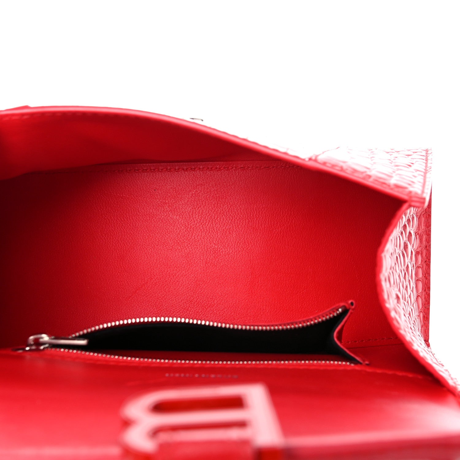 Balenciaga Shiny Calfskin Tonal B Crocodile Embossed Small Hourglass Top Handle Bag Bright Red 5 of 17