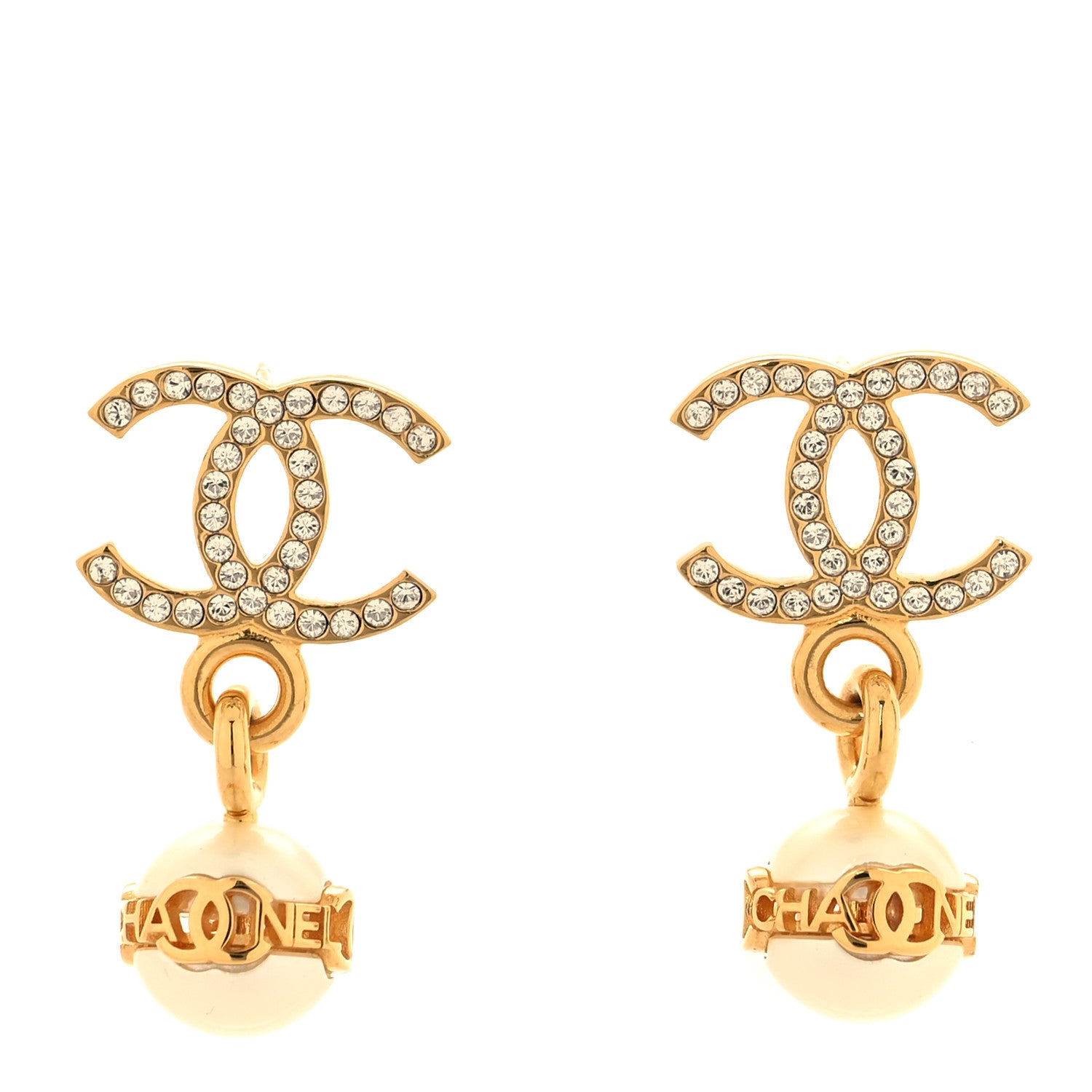 Chanel Pearl Metal CC Logo Round Drop Earrings White Gold 1 of 4