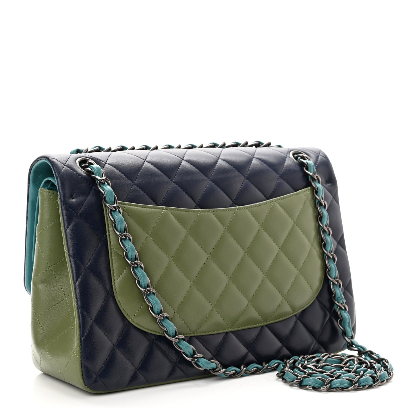 Lambskin Quilted Tri-Color Jumbo Double Flap Navy Blue Green