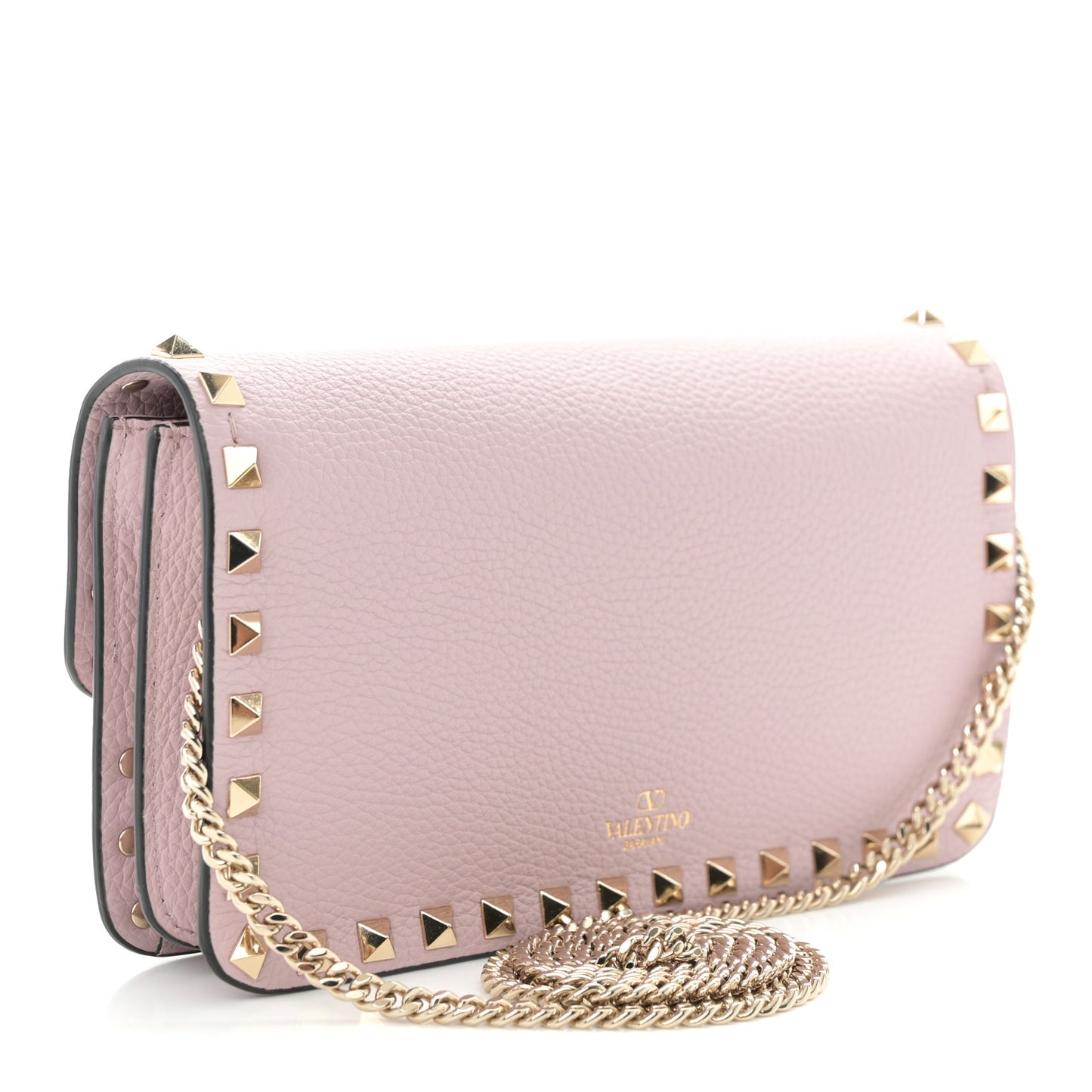 Pebbled Calfskin Rockstud Flap Wallet On Chain Water Lilac