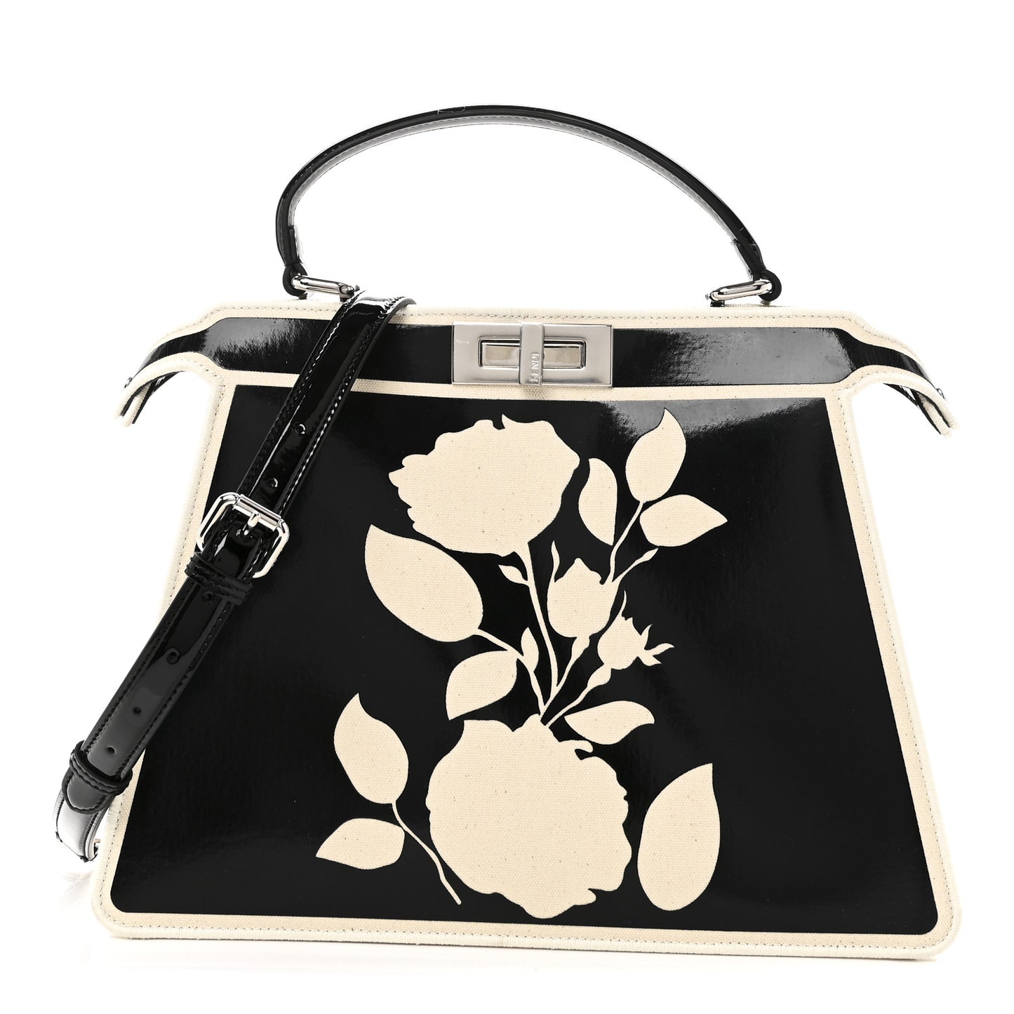 Canvas Spalmato Vernice Roses Medium Peekaboo I SEE U Satchel Black Grezzo