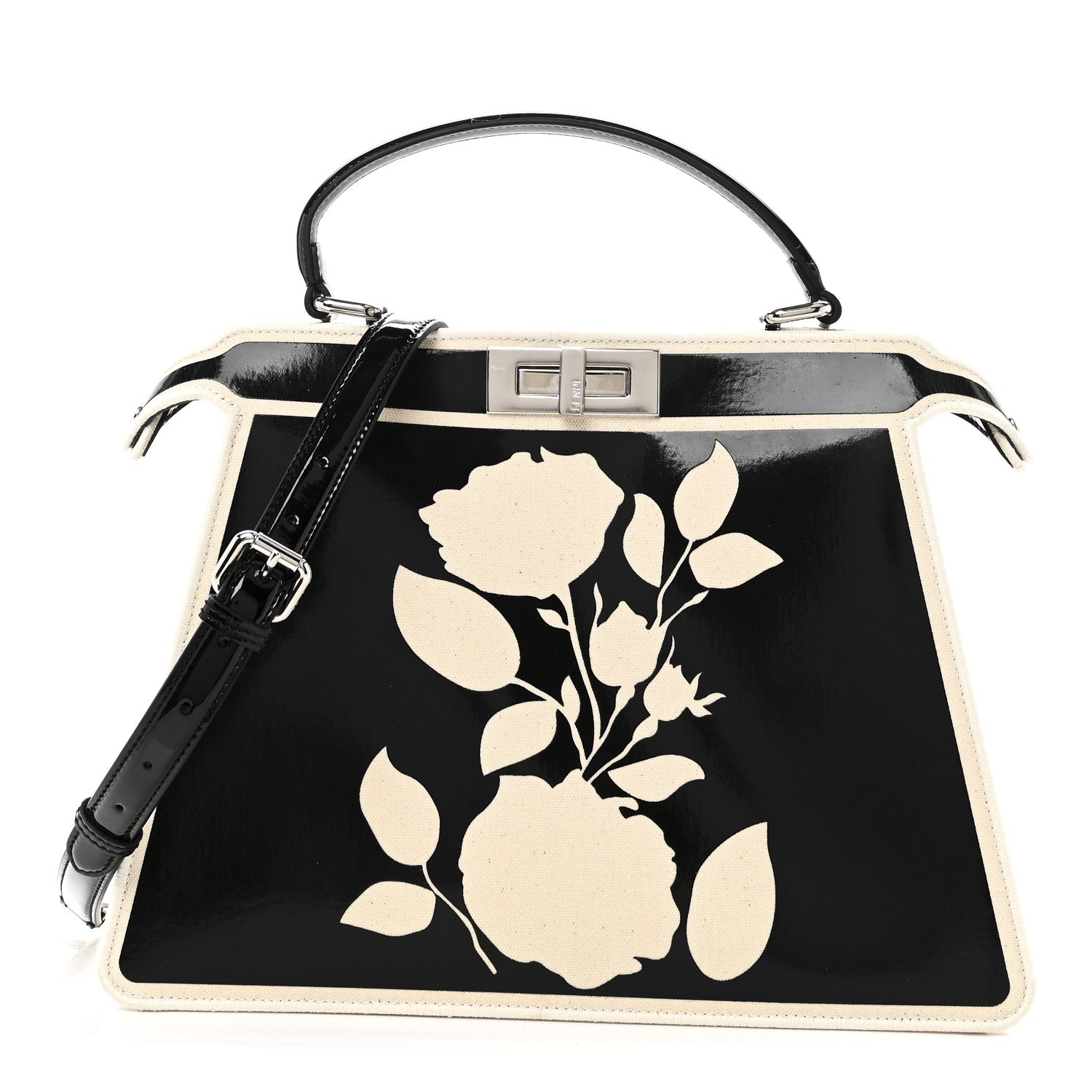 Fendi Canvas Spalmato Vernice Roses Medium Peekaboo I SEE U Satchel Black Grezzo 1 of 10