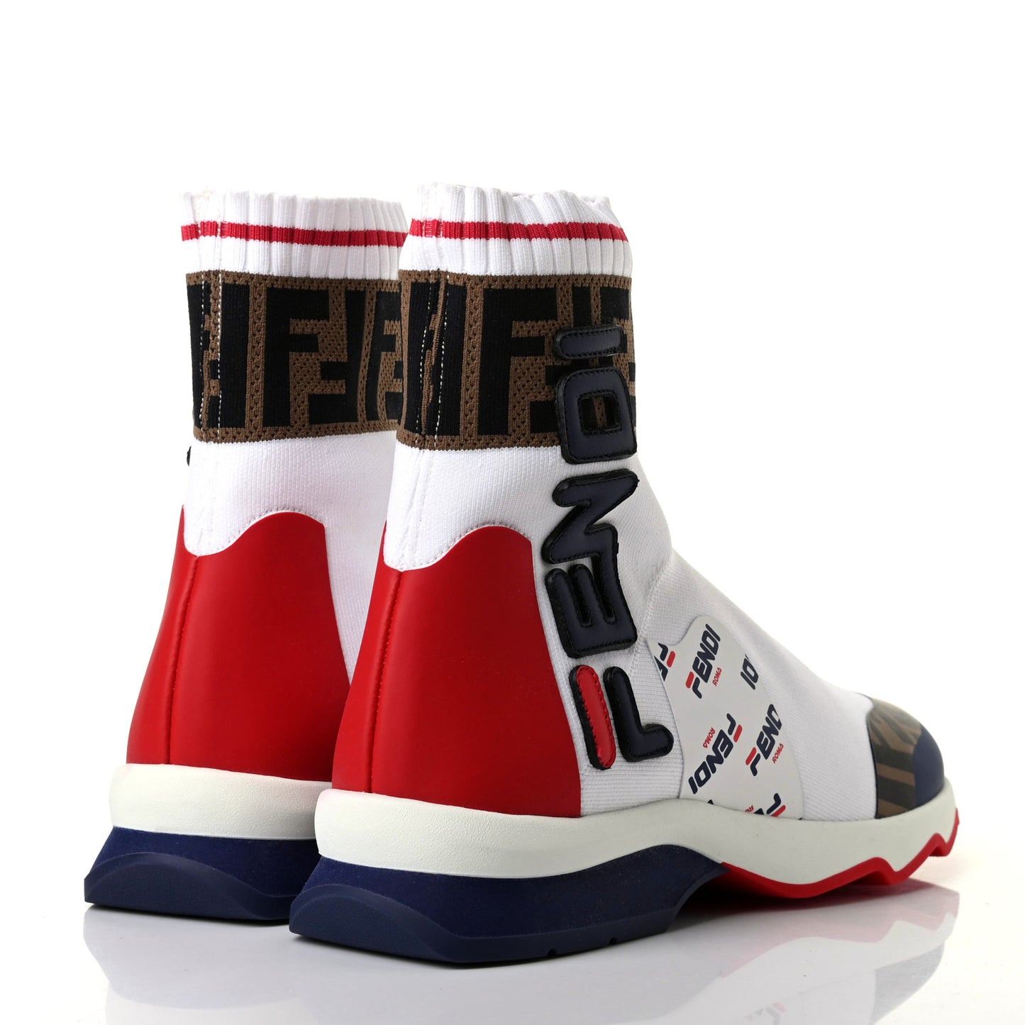 X FILA Stretch Knit Calfskin Mania Sock Sneakers 37 White Indaco Fiamma Tobacco Black