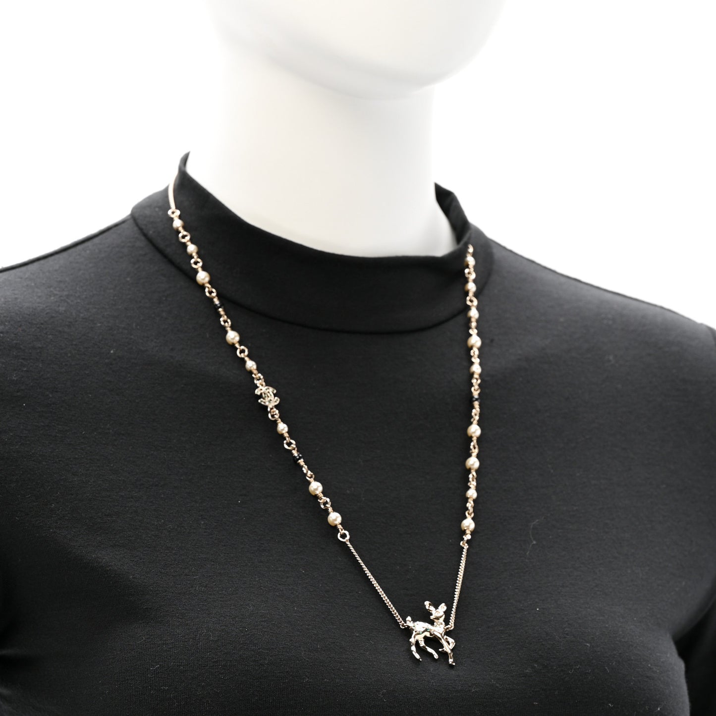 Pearl Crystal CC Deer Long Necklace Gold Green