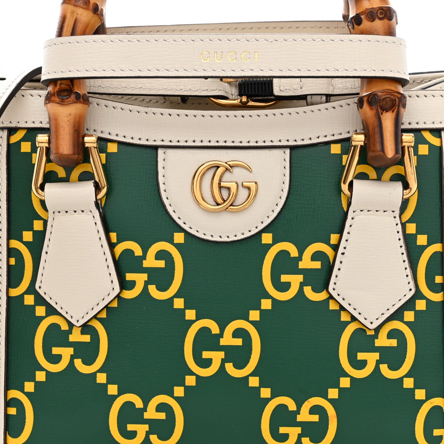 Gucci Azalea Calfskin GG Monogram Bi-Color Debossed Mini Diana Tote Bag Emerald Stone Topaz Mystic White 8 of 12