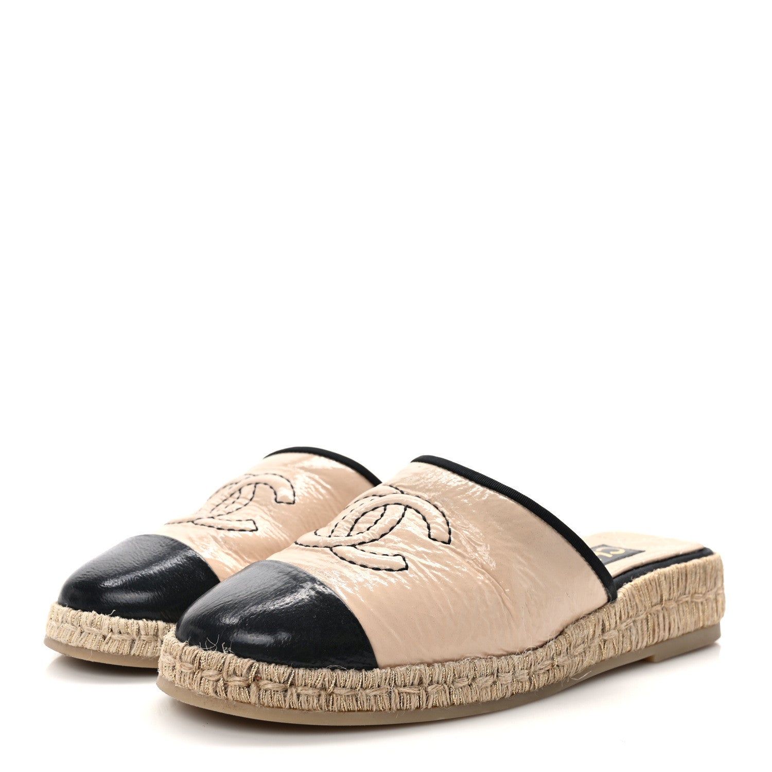 Chanel Crumpled Patent CC Espadrille Mules 35 Beige Black 3 of 9
