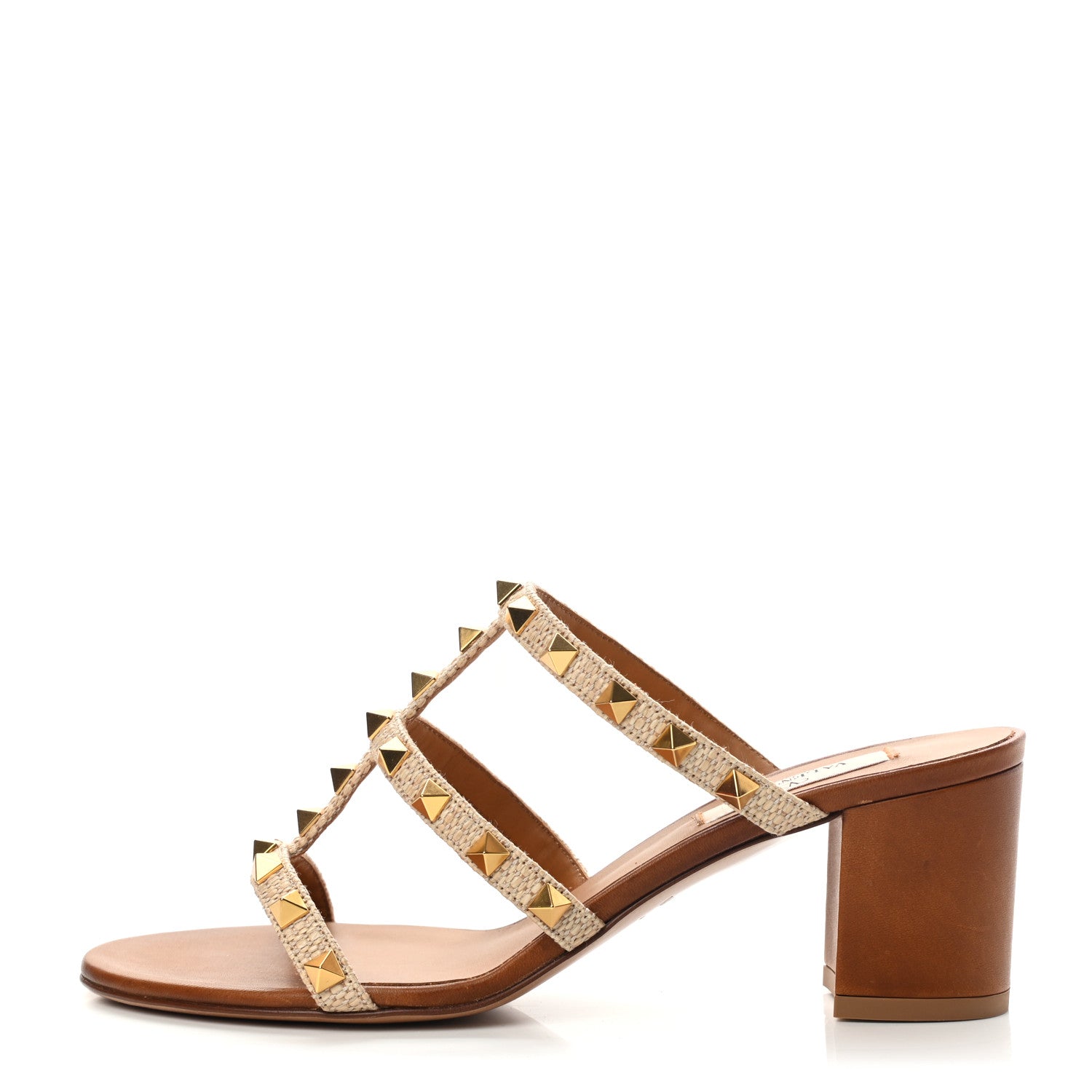Valentino Garavani Raffia Calfskin Rockstud 60mm Caged Slide Sandals 37.5 Naturale 1 of 11