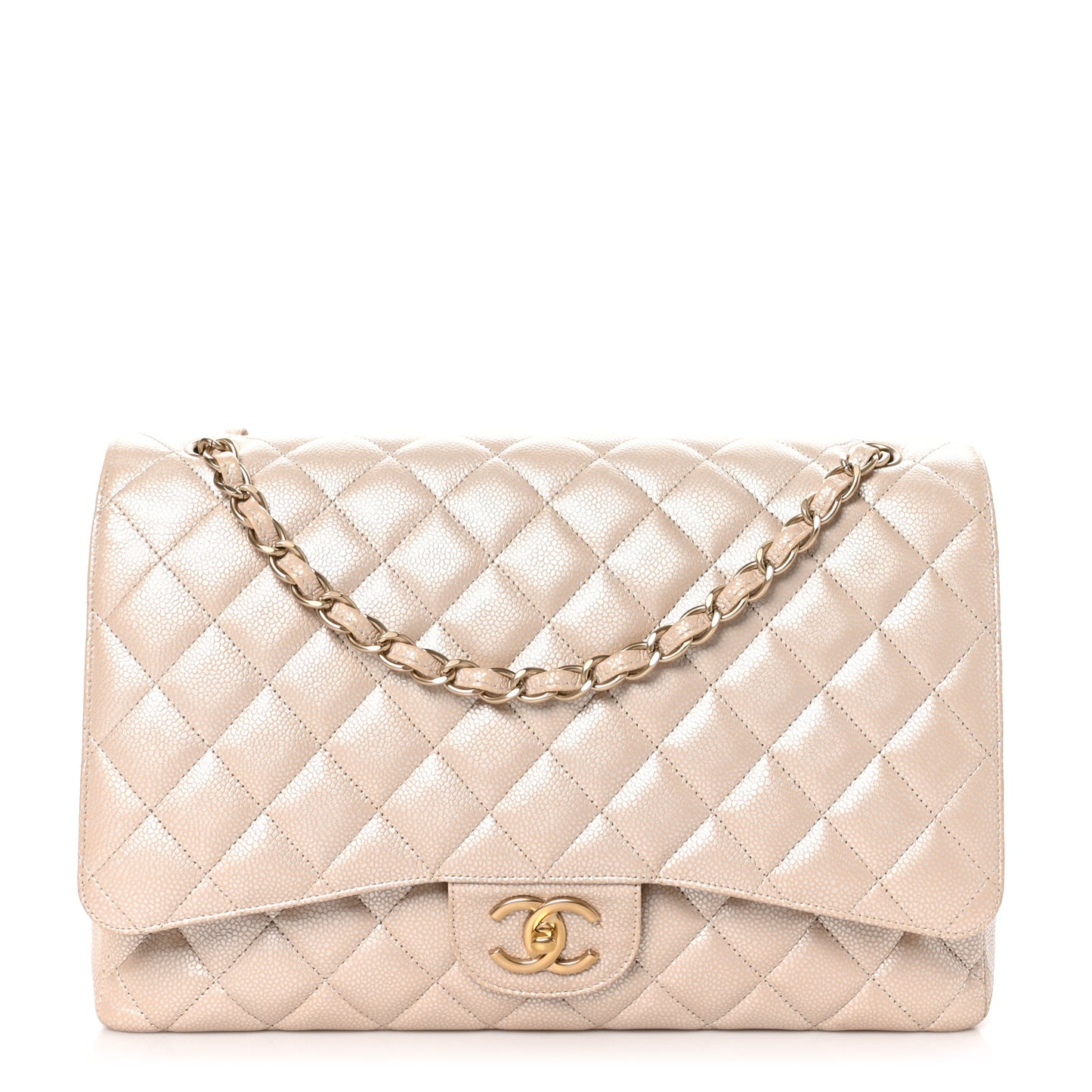 Iridescent Caviar Quilted Maxi Double Flap Beige