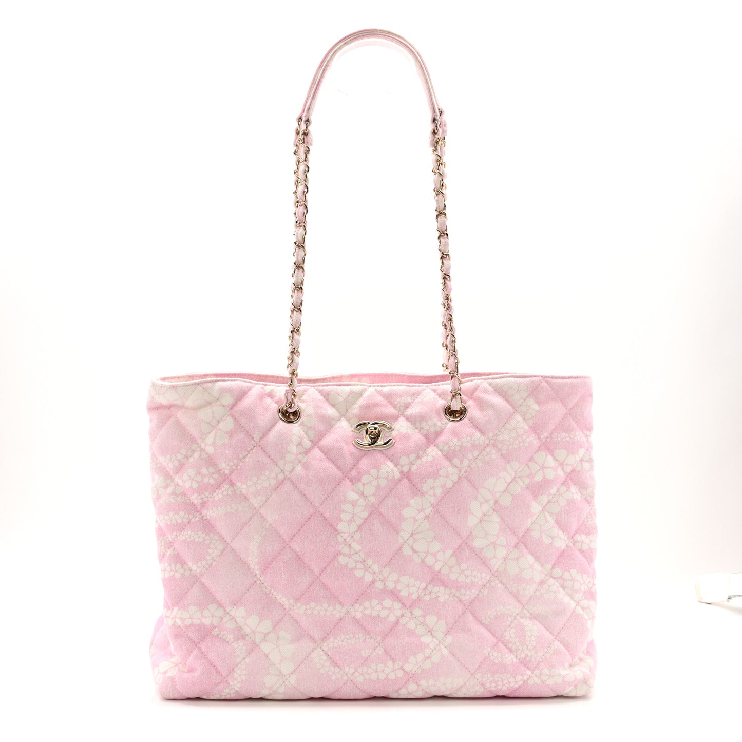 Printed Denim Quilted Coco Beach Shopping Tote Pink White