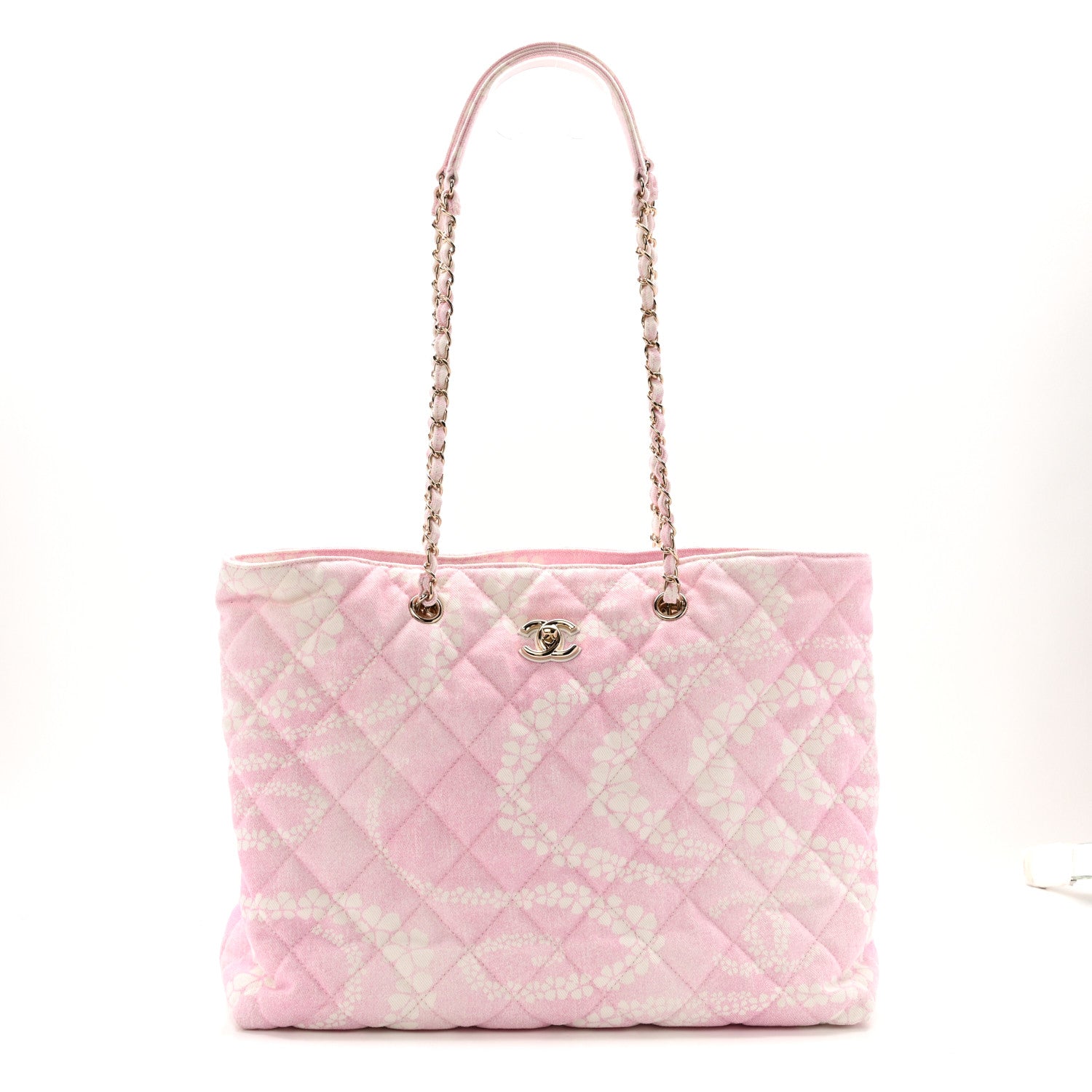 Chanel Printed Denim Quilted Coco Beach Shopping Tote Pink White 1 of 13