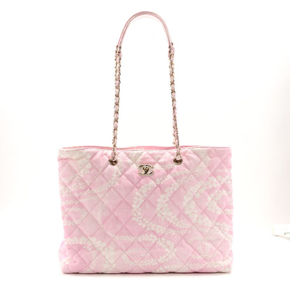 Chanel Printed Denim Quilted Coco Beach Shopping Tote Pink White 1 of 13