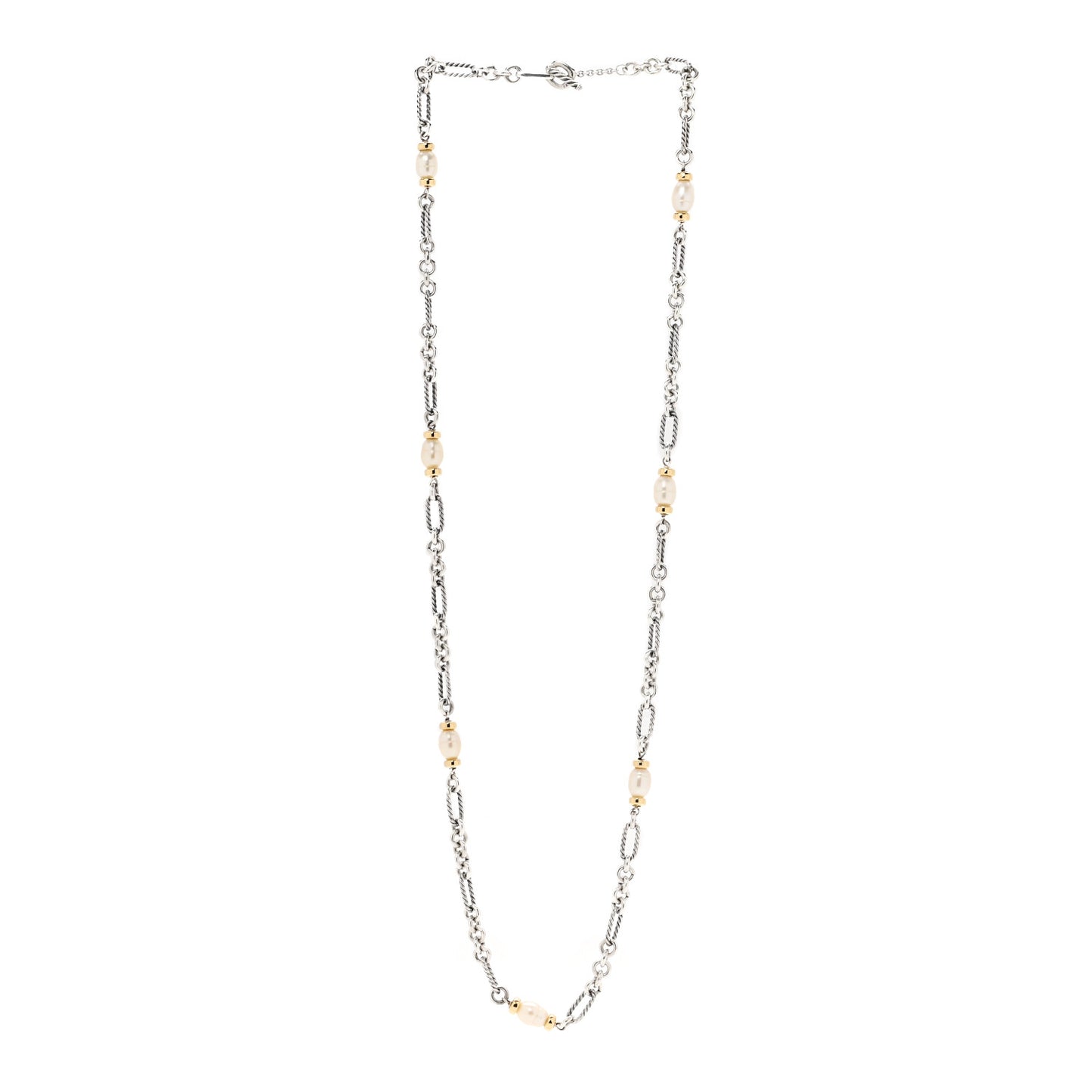 Sterling Silver 18K Yellow Gold Baroque Pearl Long Figaro Chain Necklace