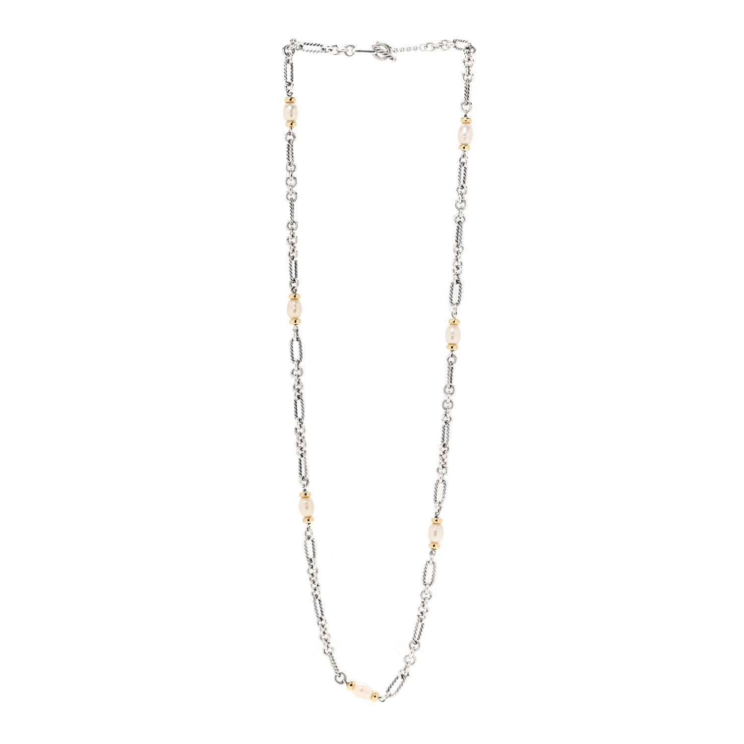 David Yurman Sterling Silver 18K Yellow Gold Baroque Pearl Long Figaro Chain Necklace 3 of 5