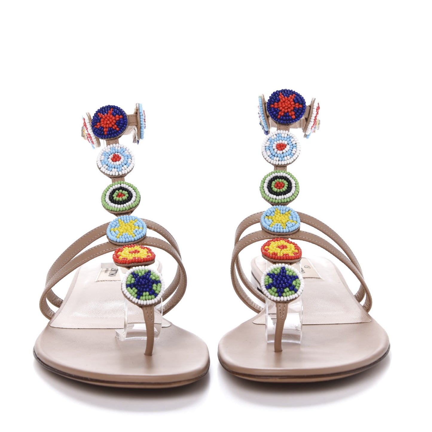 Nappa Beaded Medallion Ankle Wrap Flat Thong Sandals 39 Skin Sorbet