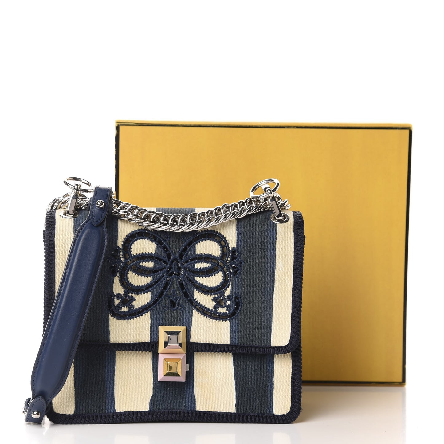 Canvas Calfskin Striped Bow Small Kan I Shoulder Bag Blueberry