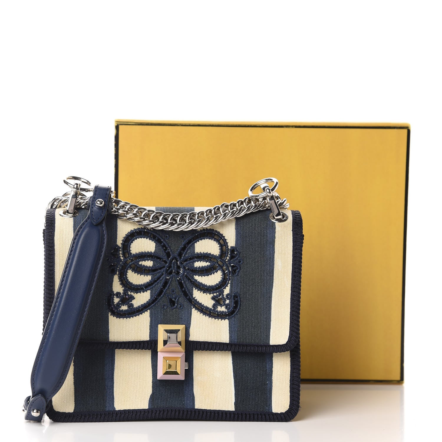 Fendi Canvas Calfskin Striped Bow Small Kan I Shoulder Bag Blueberry 16 of 16