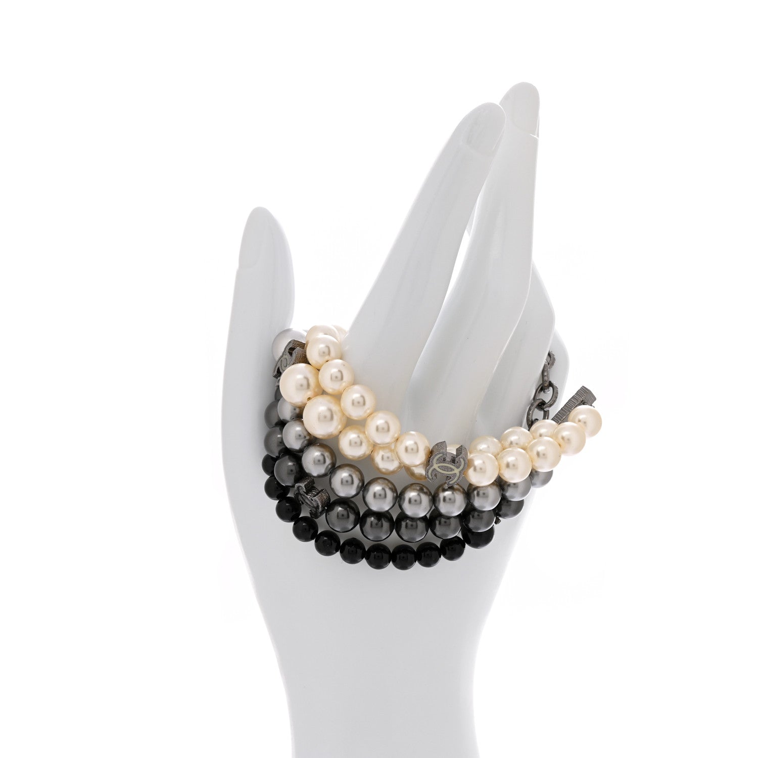 Chanel Pearl Bead CC Multistrand Bracelet Grey Black Ivory 2 of 5