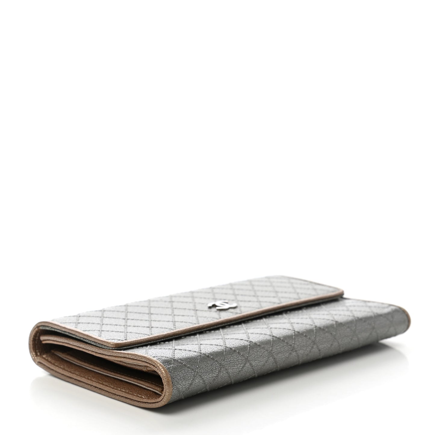 Metallic Calfskin Diamond Stitched Flap Wallet Silver Gold