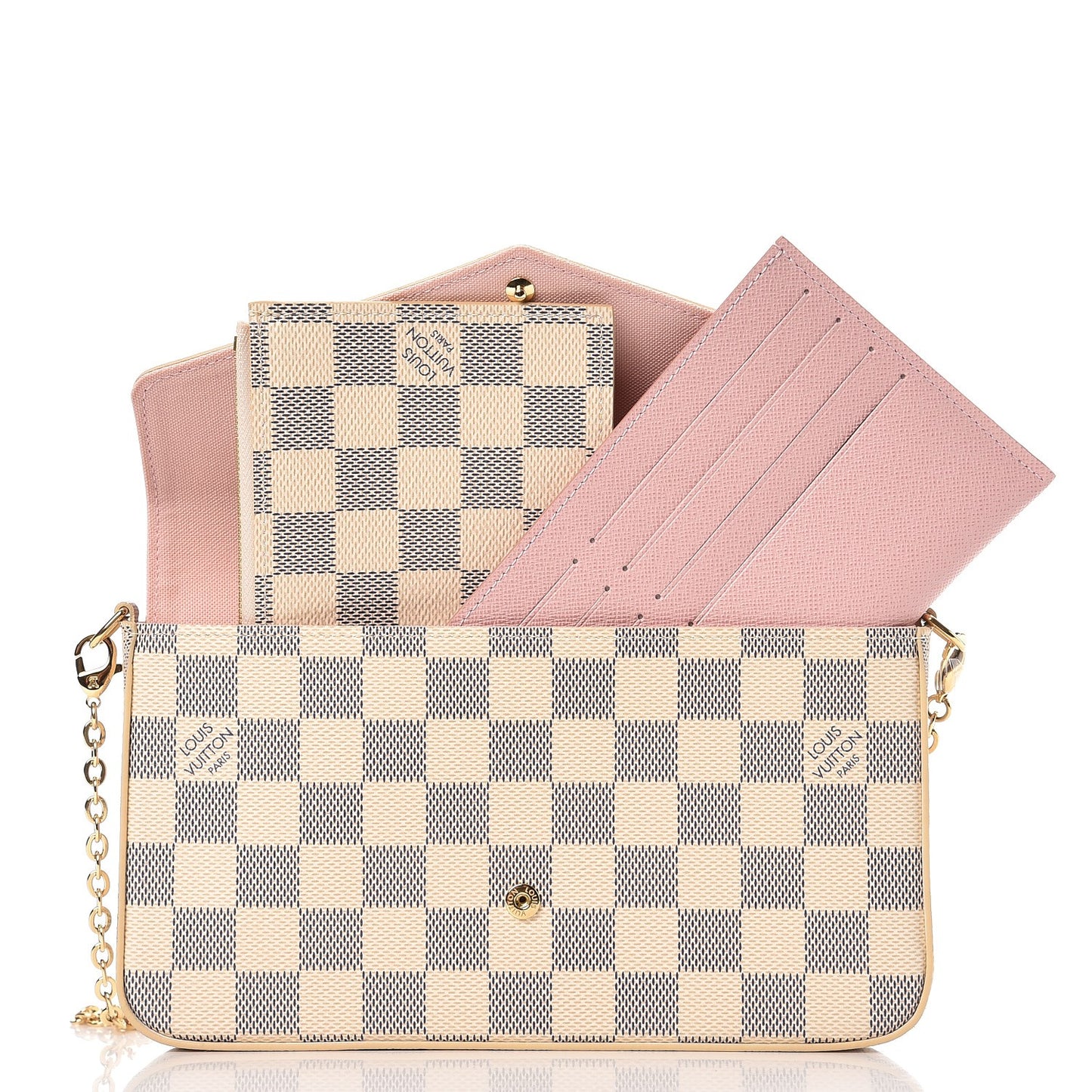 Damier Azur Pochette Felicie Chain Wallet Rose Ballerine