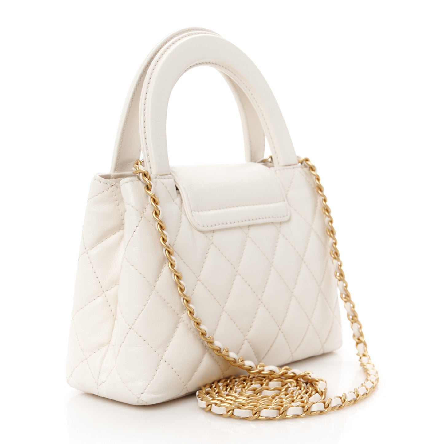 Shiny Aged Calfskin Quilted Nano Kelly Shopper White