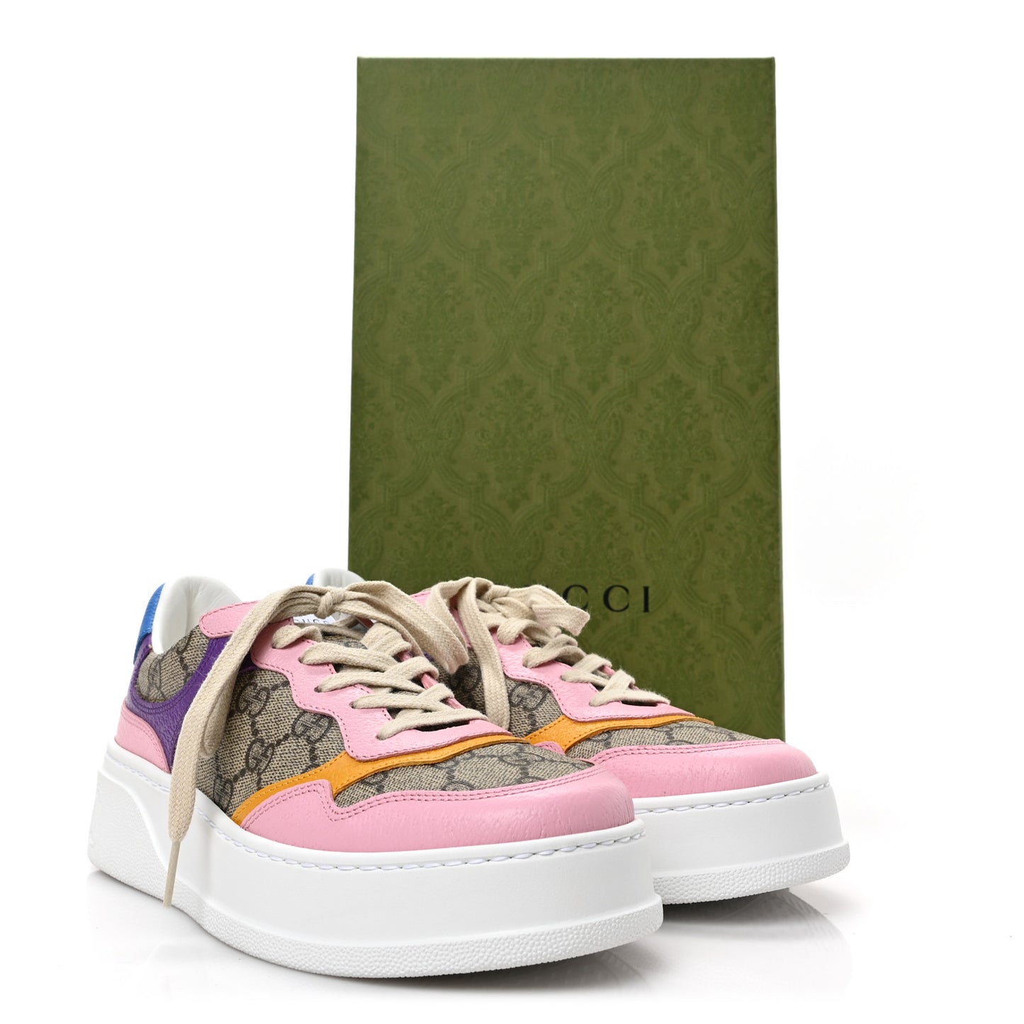 Calfskin GG Supreme Monogram Perforated Womens Platform 55mm Sneakers 39.5 Beige Ebony Sugar Pink Crop Shine Purple