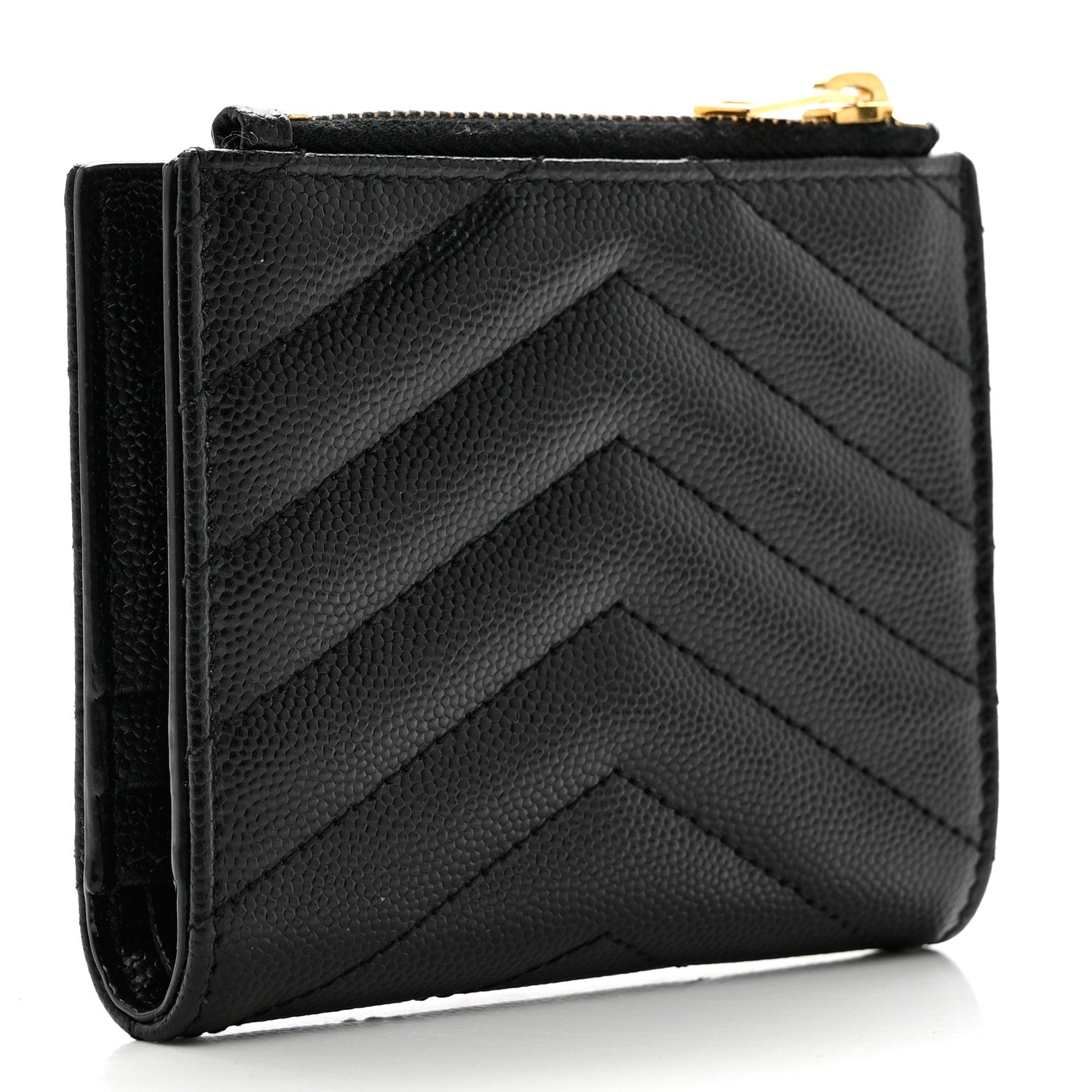 Saint Laurent Grain De Poudre Matelasse Chevron Monogram Zipped Card Case Black 3 of 6
