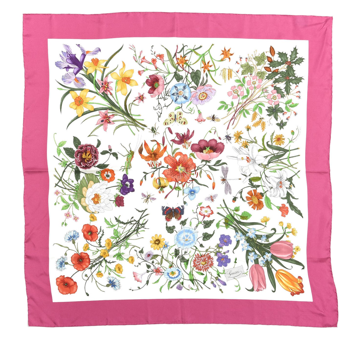 Silk Twill Flora Fluo Square Scarf Ivory Pink