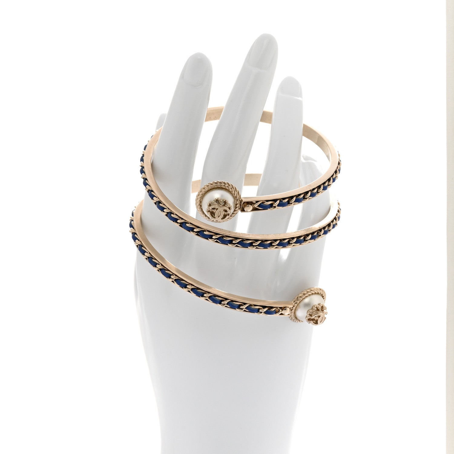 Chanel Lambskin Pearl Twist CC Bangle Bracelet M Gold Blue 3 of 6