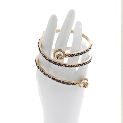 Chanel Lambskin Pearl Twist CC Bangle Bracelet M Gold Blue 3 of 6
