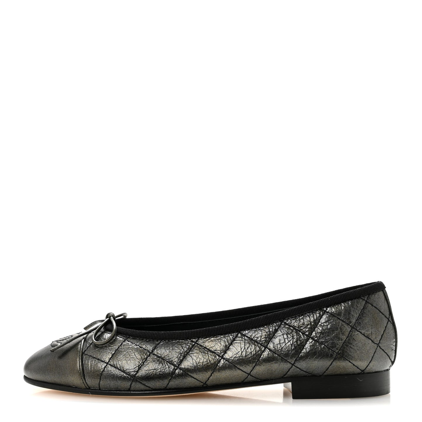 Metallic Aged Calfskin Quilted CC Cap Toe Ballerina Flats 36 Dark Silver