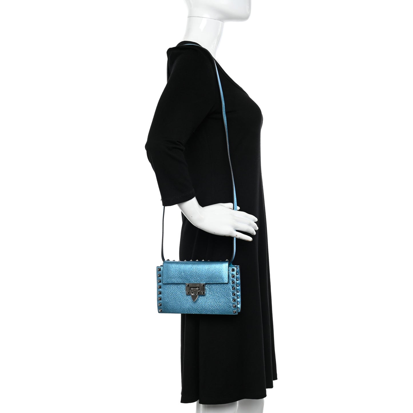 Metallic Pebbled Calfskin Small Rockstud Overlay Flap Shoulder Bag Cerulean