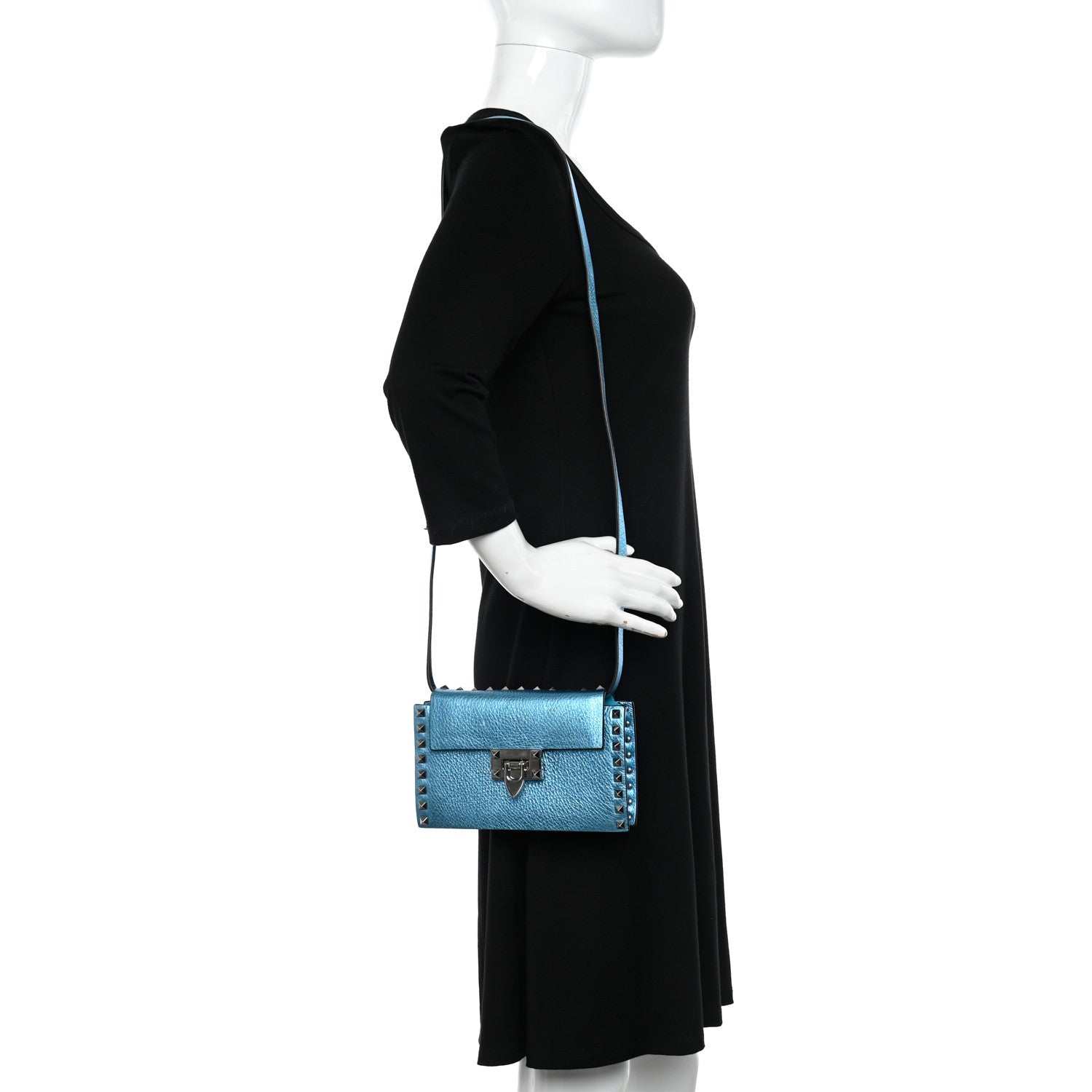 Valentino Garavani Metallic Pebbled Calfskin Small Rockstud Overlay Flap Shoulder Bag Cerulean 2 of 9