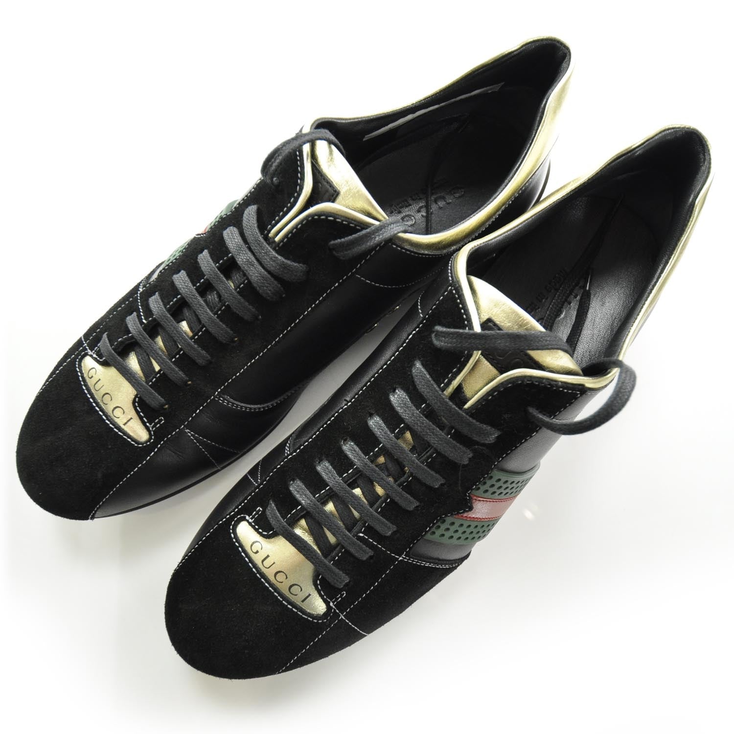Gucci Mens Suede and Leather Perforated Web Sneakers 9 Black 3 of 8