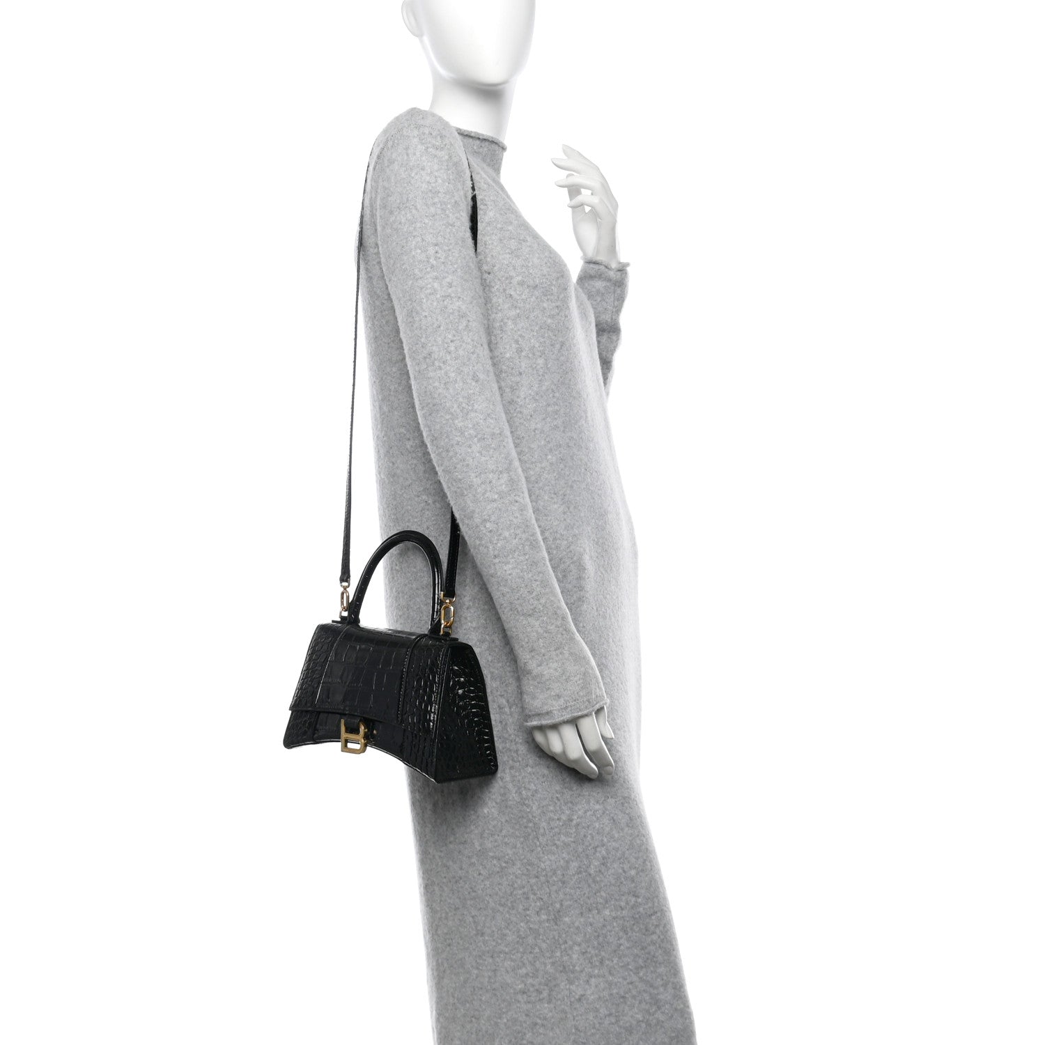 Balenciaga Shiny Calfskin Crocodile Embossed Small Hourglass Top Handle Bag Black 2 of 11