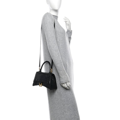 Balenciaga Shiny Calfskin Crocodile Embossed Small Hourglass Top Handle Bag Black 2 of 11